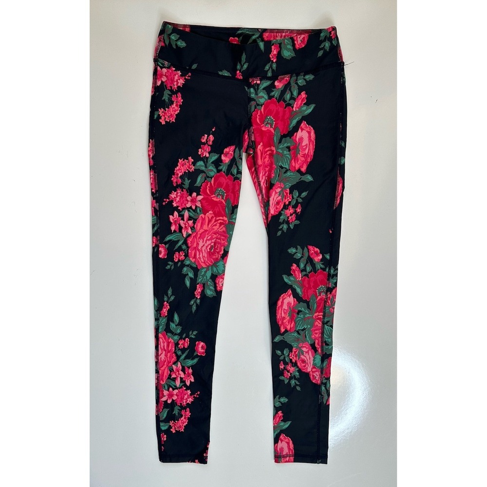 Albion Womens Size XS Pull On Ankle Leggings Black Red Floral Running